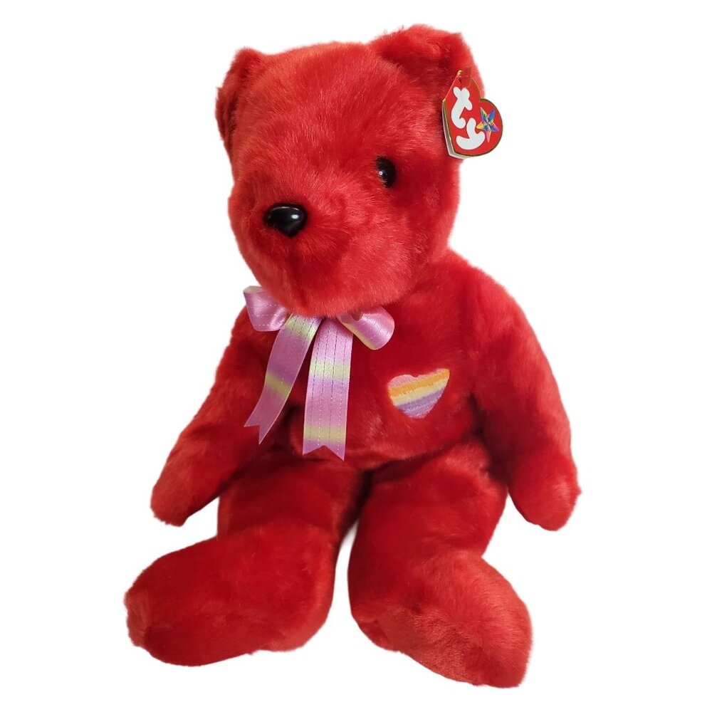 Ty Beanie Buddies 2003 Red Pride Bear Plush Toy With Rainbow Heart & Bow 13"